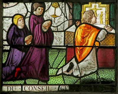 Window depicting a family of donors attending the Mass by French School